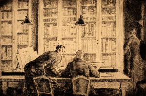 Grant Reynard, Fiske Boyd & Mr. Ivins in Print Room, etching, n.d.