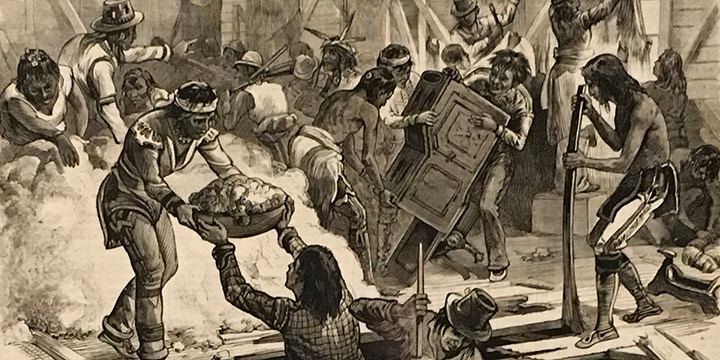 Alfred Brooks, Nebraska-The Escape of the Cheyenne Indians from the Prison at Fort Robinson-Incidents of their Pursuit and Massacre by U.S. Troops, wood engraving, published in Harper's Weekly, February 15, 1879, 15 ¾ × 10"