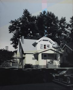 Peter Walkely, Untitled #1983 (white house with figure), acrylic on canvas, 1983, 50 × 40"