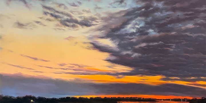 Jennifer Homan, Plate River Skies, pastel on panel, 2019, 34 × 34