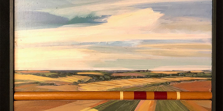Mary Vaughan, Red Earth, acrylic on wood with vintage croquet stick, 2019, 8½ × 16½ × 2