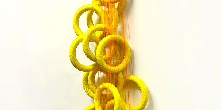 Angie Seykora, Spray, wood, electrical tape, monofiliament, 2019, 56 × 10 × 7