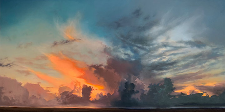 Jennifer Homan, Three Sister Skies, pastel on panel, 2019, 34 × 64