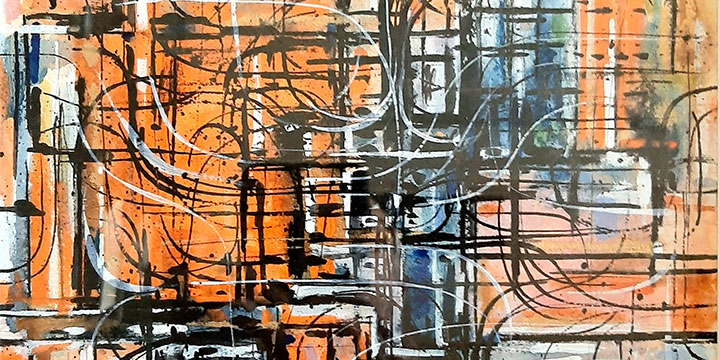 Doug Waterfield, Urban Convergence, watercolor, ink on paper, 2019, 16½ × 13¼