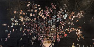Nancy Freidemann-Sanchez, Cornucopia (tryptych), collage, ink on Tyvek, 2016, Museum Purchase made possible by Cliff & Mary Hillegass Trusts