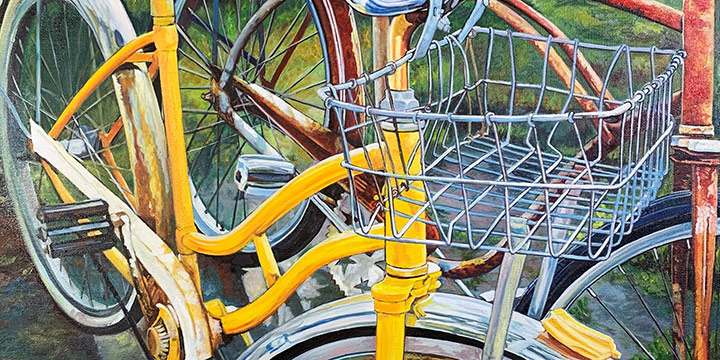 Katrina Swanson, Yard Sale Bicycles, oil, 2020