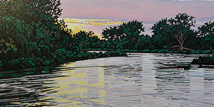 Doug Johnson, A Glance Upstream, acrylic, 2021, 14¾ × 19"