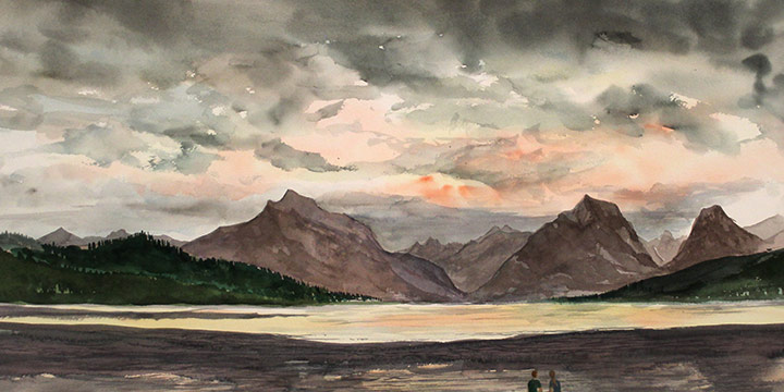 David Wiebe, Glacier National Park, watercolor, 2021, 27 × 33"