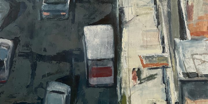 Kristine Hansen-Cain, Mark Street, View 2,oil, cold wax on cradled panel, 2019, 25×25"