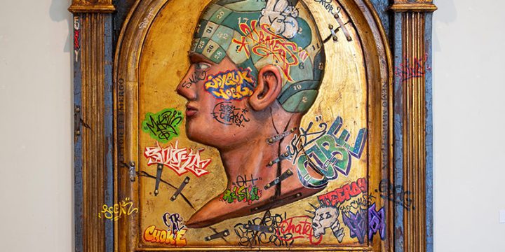 Troy J. Muller, The Guilty Mind, mixed media on panel, 24k gold, 2019, 44 × 41 × 6"
