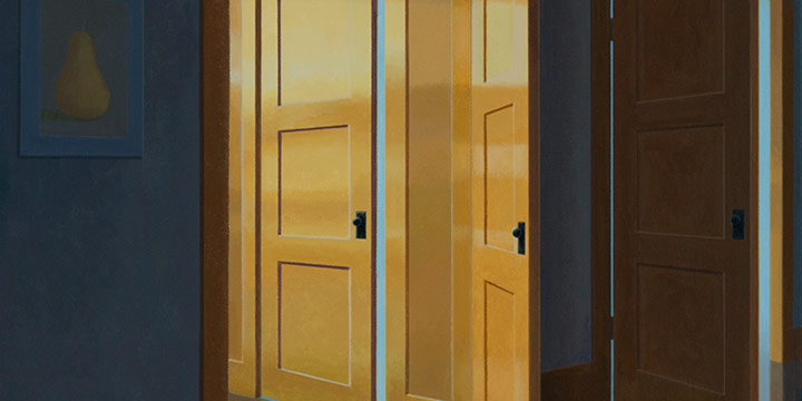 Merrill Peterson, Three Doors, oil on canvas, 2022, 18 × 18"