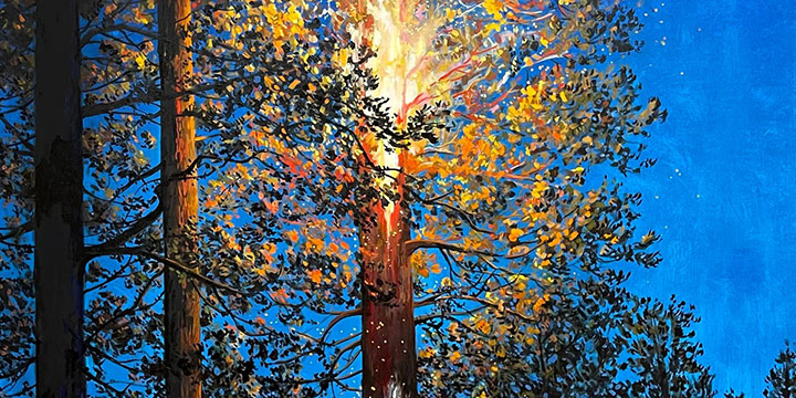 Doug Waterfield, Lightening-Struck Ponderosa, oil on canvas, 2021, 72 × 48"