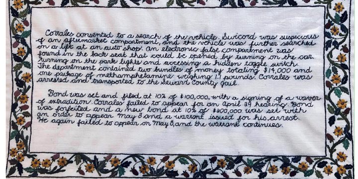 Jennifer Bockelman, Sins of the Father Part 2, embroidery on linen, 2019, 20×29"
