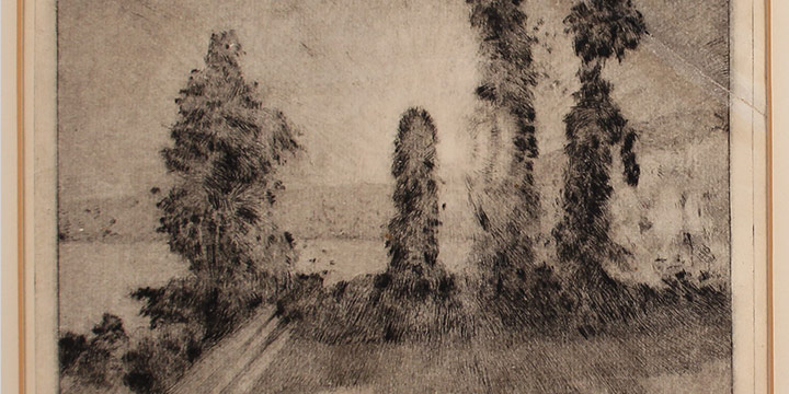 Lawton Parker, Sunlight Through the Trees drypoint, n.d., 18 1/2 x 21 1/4"