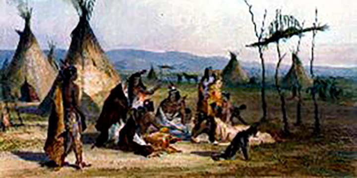 Karl Bodmer, Funeral Scaffold of a Sioux Chief near Fort Pierre, hand-colored aquatint, etching, stipple; second state, 1839